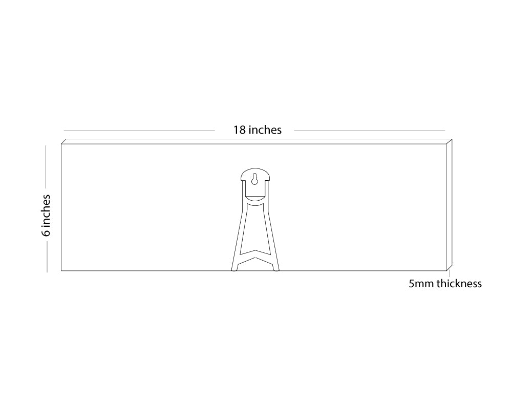 Dimensions diagram for A4 laminate football art, 18 inches wide, 6 inches tall, 5mm thick, showing hanging hook design.