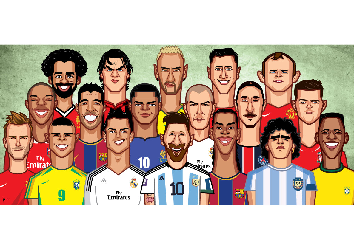 Illustrated football legends lineup caricature by Prasad Bhat, featuring famous dribblers, shooters, and showboaters.