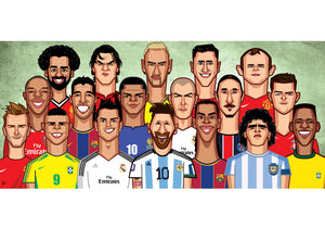 Illustrated football legends lineup caricature by Prasad Bhat, featuring famous dribblers, shooters, and showboaters.