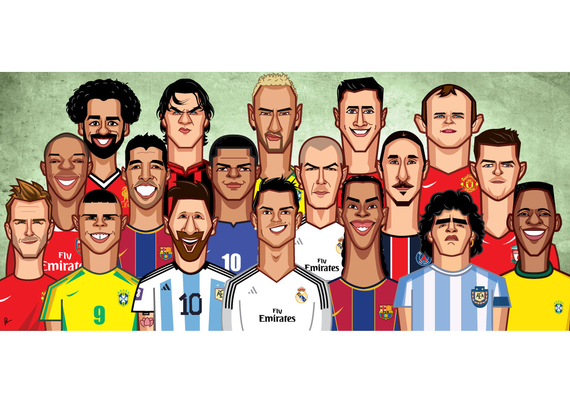 Illustrated caricatures of legendary football players from the Ultimate Football Legends Squad, featuring diverse football icons.