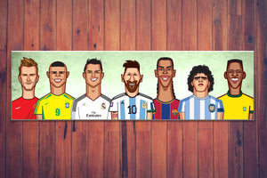 Caricature of legendary football players, A4 laminated wall art showcasing icons of the sport, digitally printed for fans