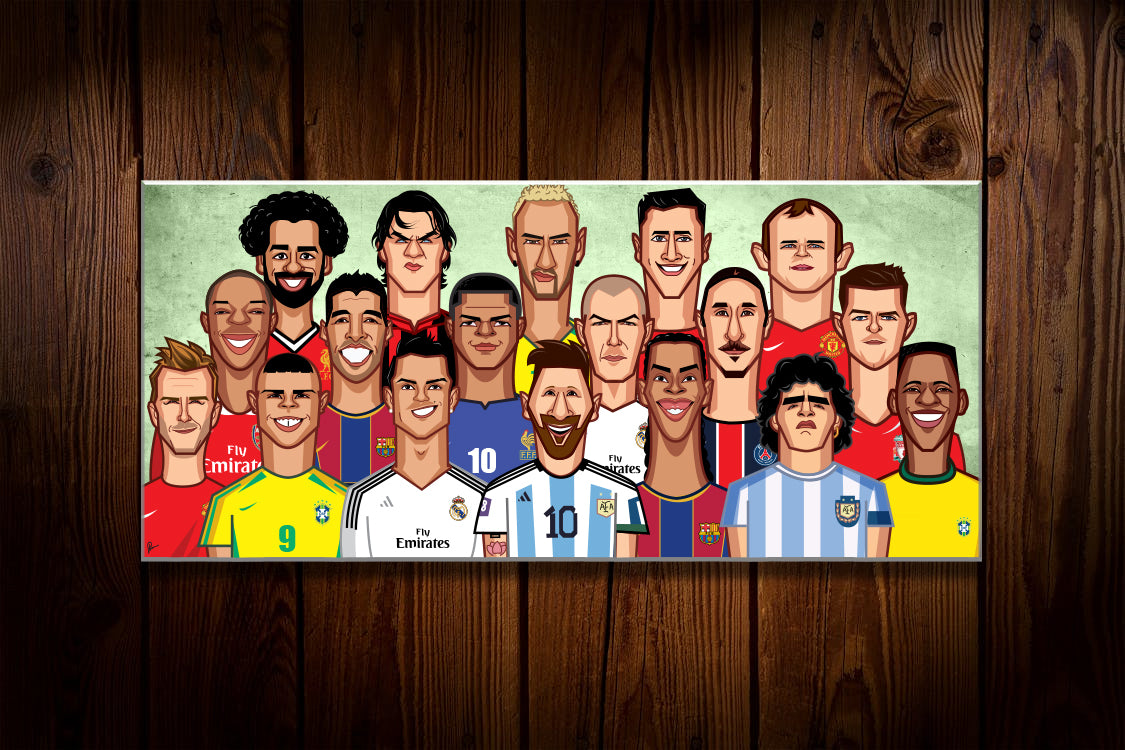 Illustrated caricature of legendary football players on a laminate, featuring famous dribblers and shooters, by artist Prasad Bhat.