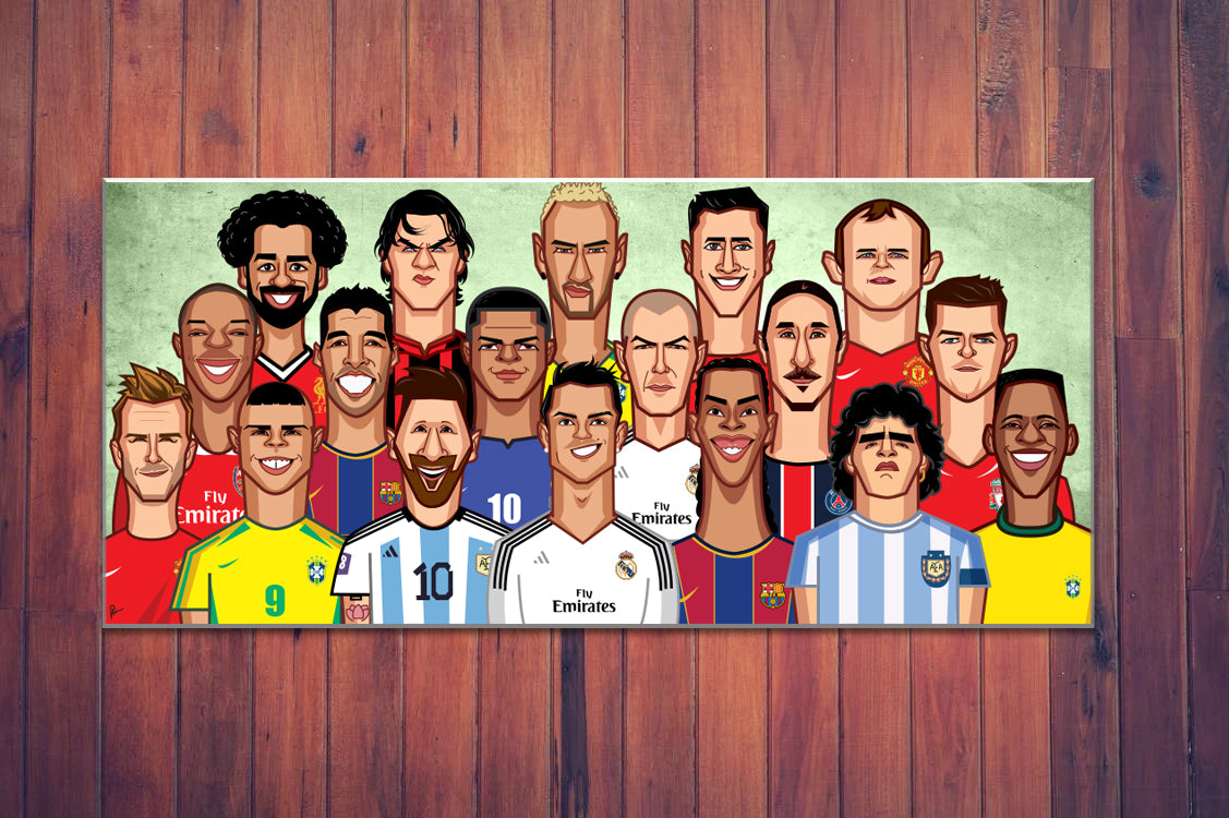 Ultimate Football Legends Squad laminate featuring caricatures of iconic football players by Prasad Bhat, landscape design.