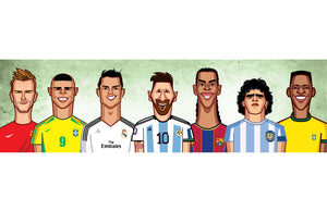 Hand-drawn caricature of legendary football players in A4 laminated art, featuring iconic soccer stars in vibrant colors.