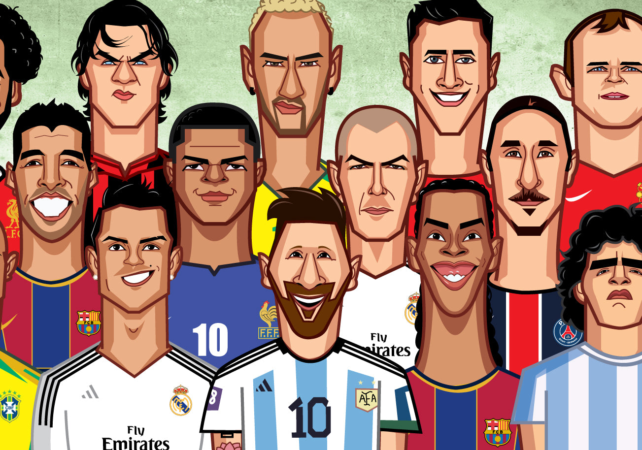 Illustrated caricatures of legendary football players in vibrant jerseys by artist Prasad Bhat.