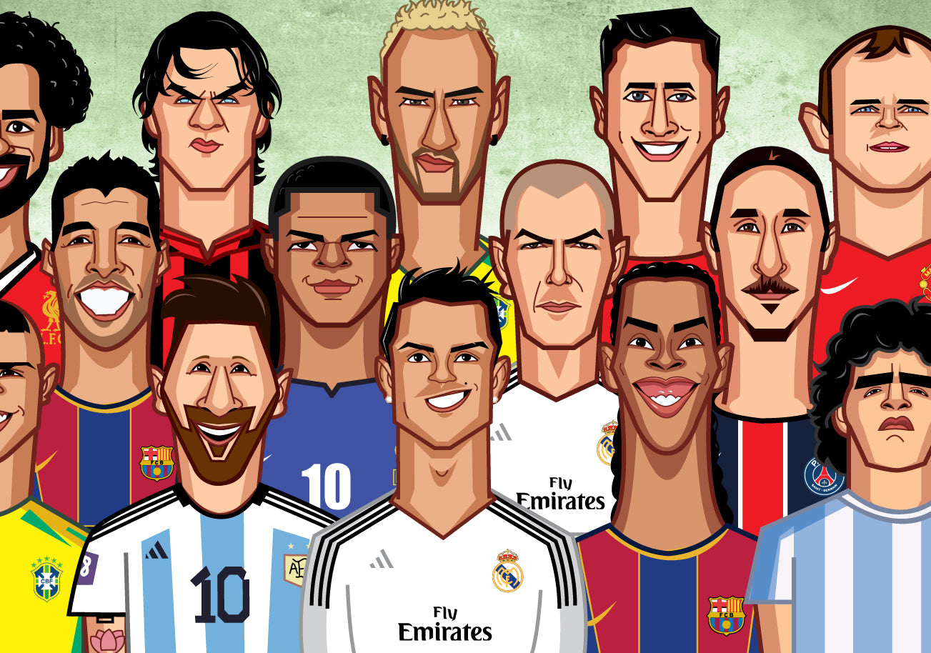 Illustrated caricatures of legendary football players by Prasad Bhat, part of The Ultimate Football Legends Squad collection.