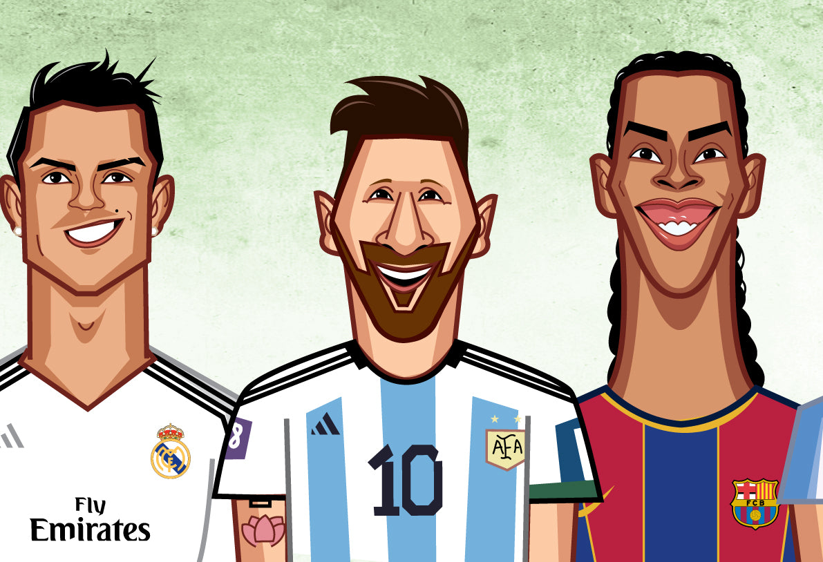 Caricature of iconic football players in team jerseys, digitally printed and laminated for A4 wall art.