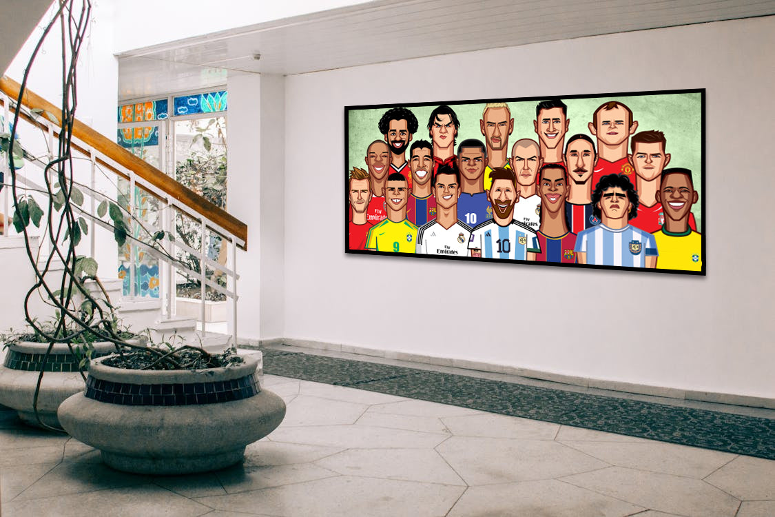 Football legends caricature laminate by Prasad Bhat in a modern hallway, featuring illustrated GOATs of football, size 45.5x20.5 cm.