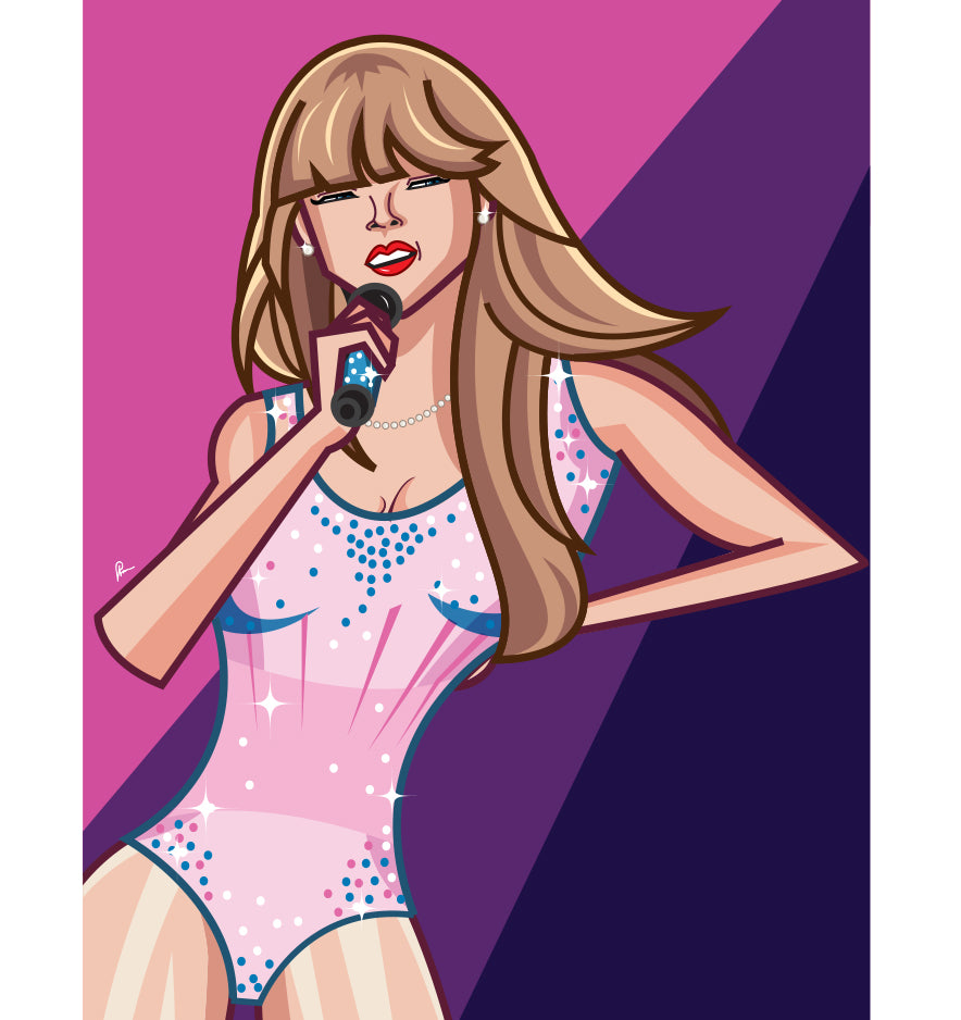 Animated artwork of a female pop star in pink glittery outfit singing with a microphone, inspired by Prasad Bhat's style.