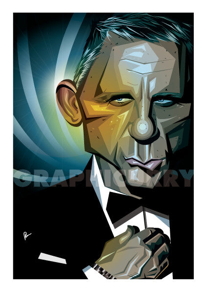 James Bond Poster showing framed stylized Caricature Portrait in Vector Illustration by Prasad Bhat.  Image shows him straightening his shirt in his usual charismatic pouty smile.