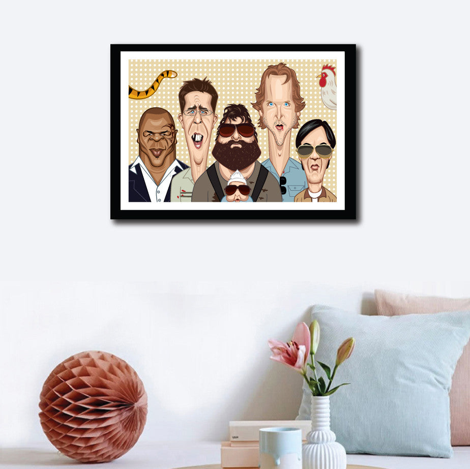 Framed Hangover Movie Poster. Fan art of Hangover by Prasad Bhat, a blend of hilarious and sinister comedy Starring Phil (Bradley), Stu (Ed), Doug (Justin), Alan (Zach) and The Chinese Guy. Image artwork hung as wall decor and the art shows them looking straight ahead being their own peculiar goofy selves.