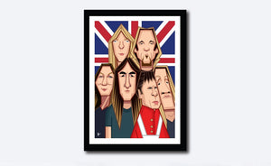 Framed Caricature Art Poster of Iron Maiden Band. Fan art by Prasad Bhat shows all the six band members in a snug composition in front of the back drop of a British Flag. 