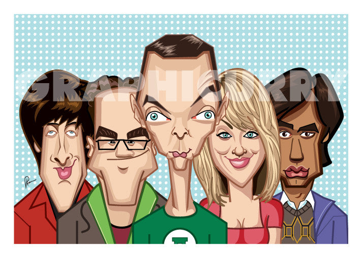 The tribute caricature artwork of Big Bang Theory in Vector Style Illustration by Prasad Bhat. The image shows the five lead characters.