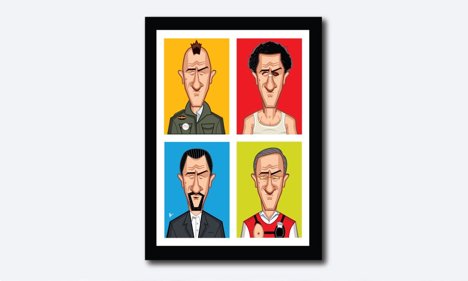 Robert Deniro Framed Poster. Caricature Art by Prasad Bhat. Part of the Evolution Series showing the famous actor in four of his best roles placed in a block composition in vibrant colors.