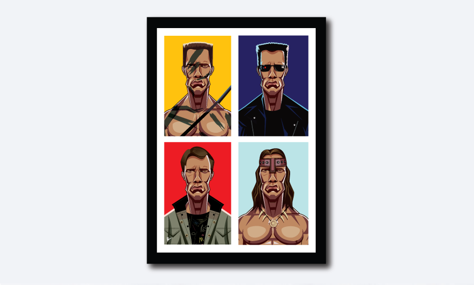 Framed Caricature Art Poster of Arnold Schwarznegger. Image shows the colorful composition in blocks with four of his avatars from Terminator 80s, 90s , Conan and Commando.