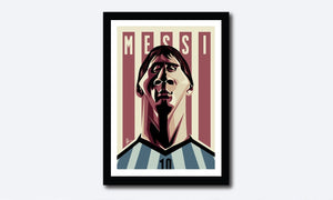 Framed Caricature Art Poster of Messi by Prasad Bhat. Argentine Footballer looking forward with his determined eyes and his football jersey against the backdrop of rugged lines and his name etched on them.