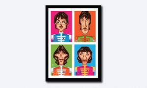 Framed visual reference of Beatles Tribute Artwork by artist Prasad Bhat. This style shows the four band members in colorful blocks vertically placed aesthetically.