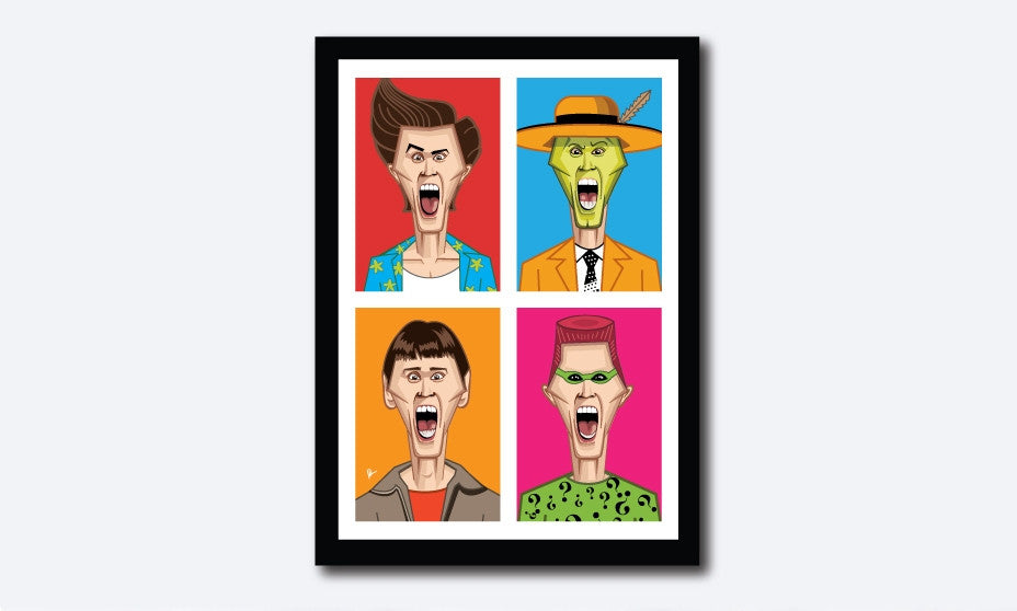 Jim Carrey's Humorous Avatars in Prasad Bhat's artwork. Four vibrant color blocks show his hilarious expressions looking straight forward in this framed artwork poster. 