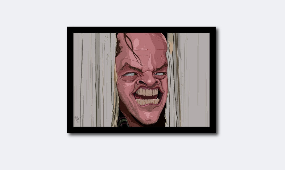 Framed Caricature Art Poster of famous scene from movie "Shining" . Jack Nicholson popping his head out of the axed door creepily saying "Here's Johnny"