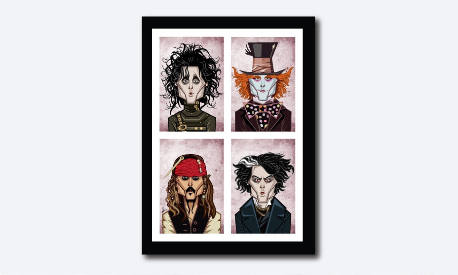 Framed Visual of Poster showing Johnny Depp in his eccentric characters in 'Alice In The Wonderland', 'Edward Scissor Hands', 'Sweeney Todd', 'Pirates Of The Caribbean' and 'Charlie And The Chocolate Factory'. Art by Prasad Bhat