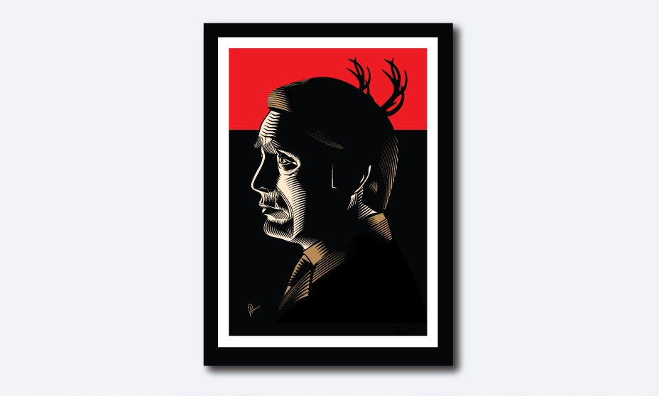 Framed Poster of Hannibal. Caricature Vector art by Prasad Bhat as a tribute to thrilling television series.  The image shows the lead actor in his side profile against a predominantly red and black background. 