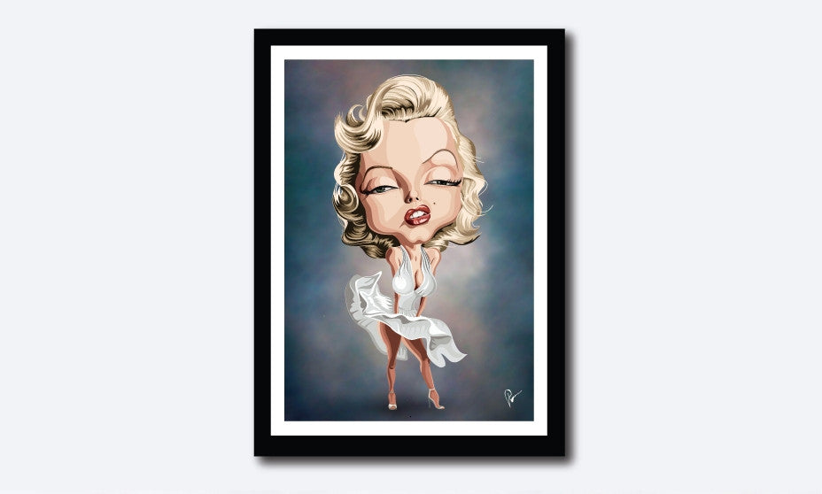 Framed Art Poster of Legendary pose by Marilyn Monroe with her flying skirt. Caricature art by Prasad Bhat.