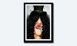 Framed Caricature Art Poster of Slash. Image shows him only part of his face with exaggerated impression of his hair covering most of his face. He is wearing a nose ring and has a cigarette hanging off his lips