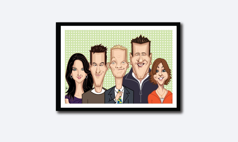 Framed How I Met Your Mother poster.Caricature art tribute by Prasad Bhat. Image shows the five lead characters looking straight forward with their usual candid smiles. Barney is adjusting his yellow duck tie.